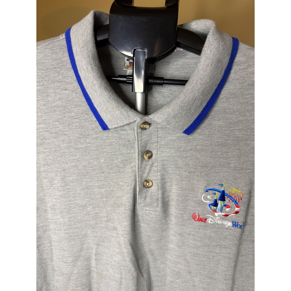Walt Disney World Mens XL‎ Gray Pique Polo Blue Trim Castle Logo Short Sleeve